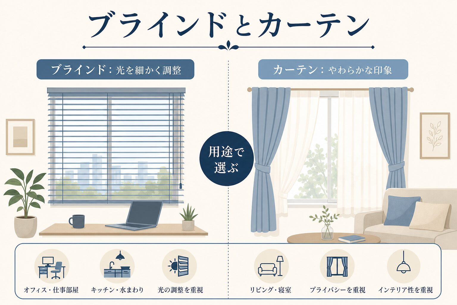オフィスのブラインドとカーテンの特徴比較