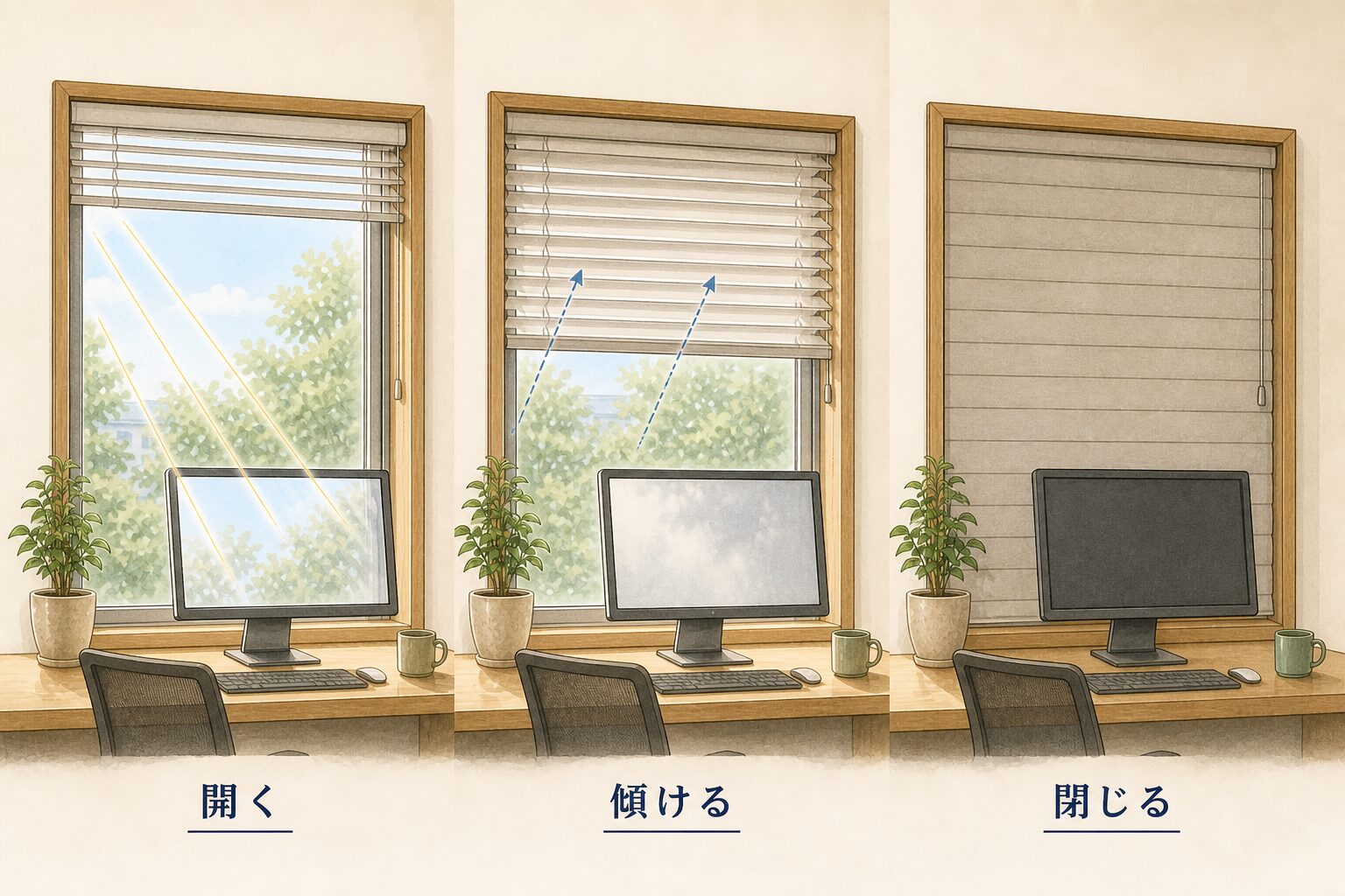 ブラインドを開く・傾ける・閉じる状態で採光とモニターへの光を比較した図解