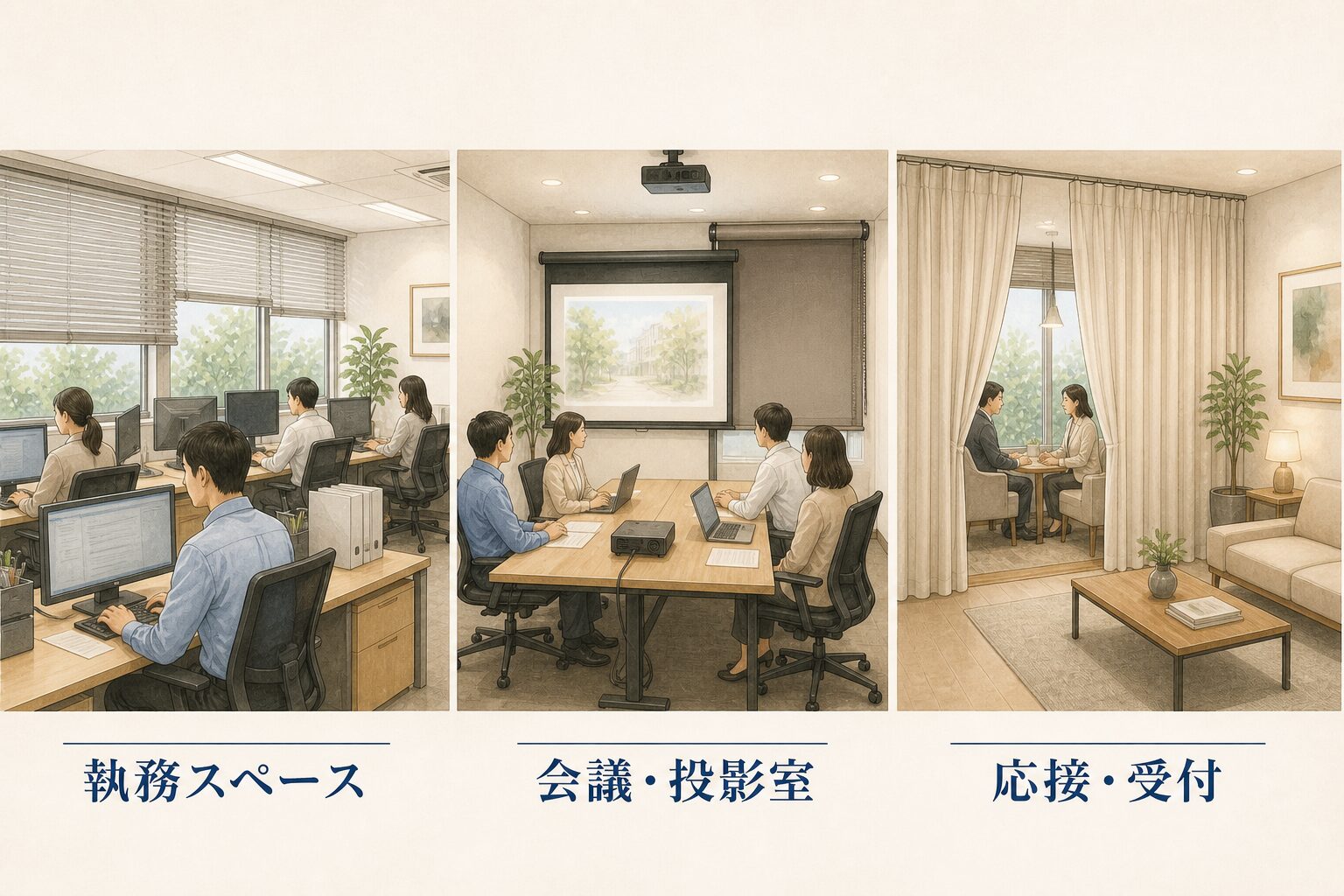 執務スペース・会議投影室・応接受付で窓まわり製品を使い分ける例の図解