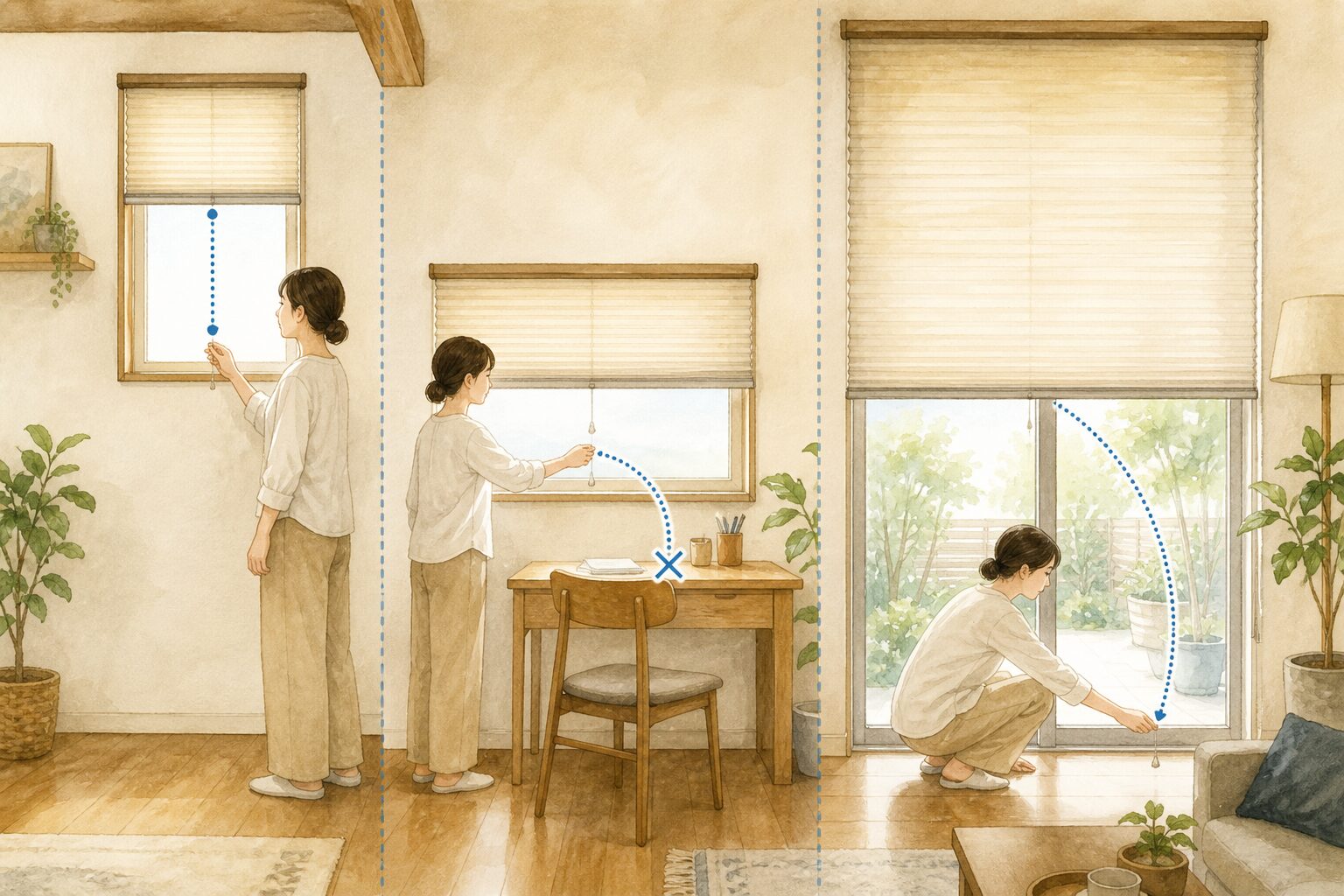 プルコード式が使いやすい小窓と机や床近くで操作しにくい窓の比較図