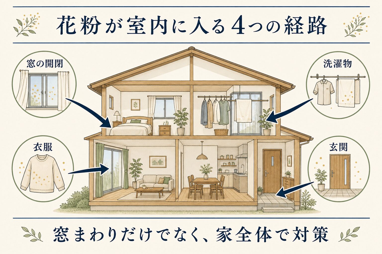 花粉が室内に入る窓・衣服・洗濯物・玄関の経路