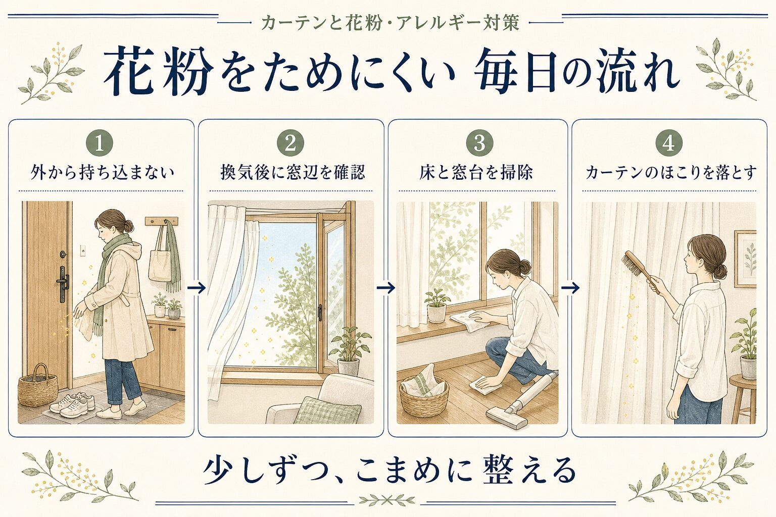 花粉をためにくくする毎日の掃除の流れ