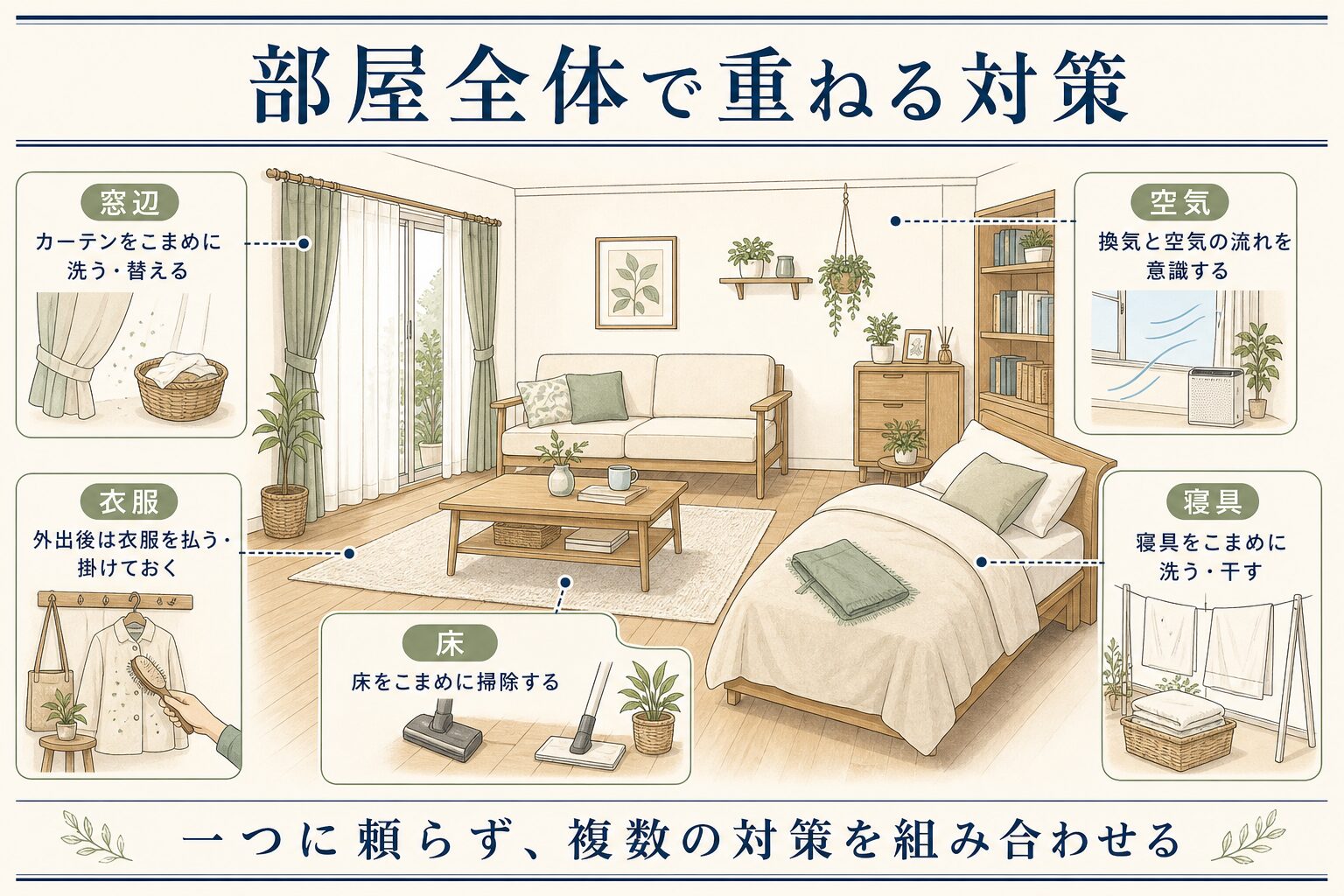 窓辺・衣服・床・寝具・空気で重ねる花粉対策