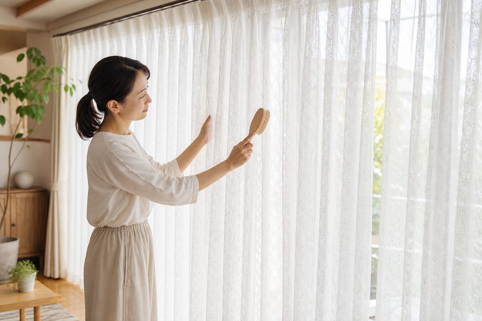 掛けたままのレースカーテンを上から下へブラシで静かに掃除する女性
