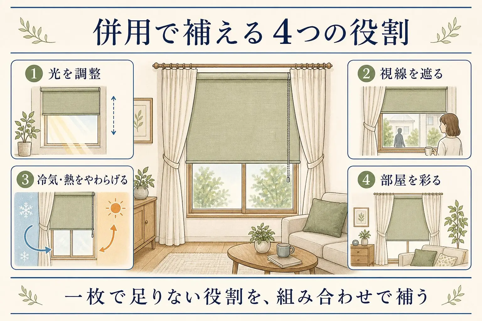 ロールスクリーンとカーテンの併用で補える4つの役割