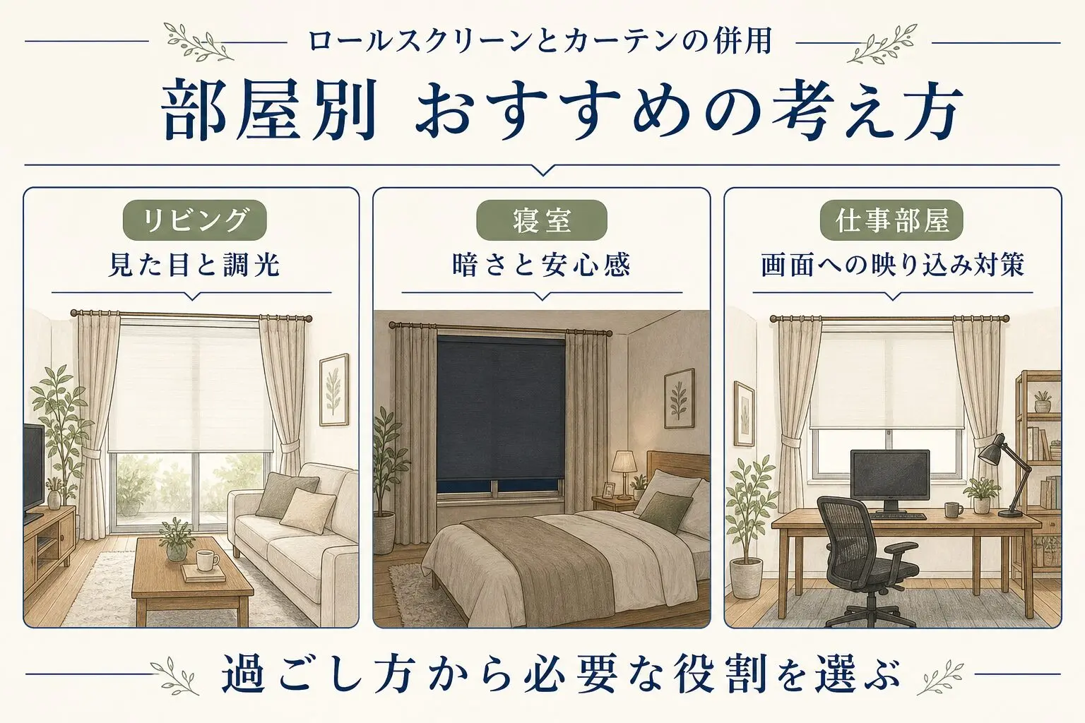 部屋別に考えるロールスクリーンとカーテンの併用