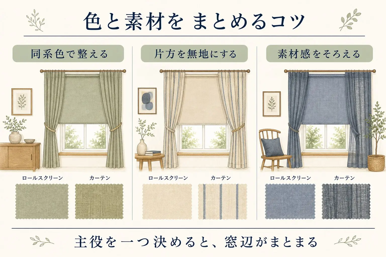 ロールスクリーンとカーテンの色・素材をまとめるコツ