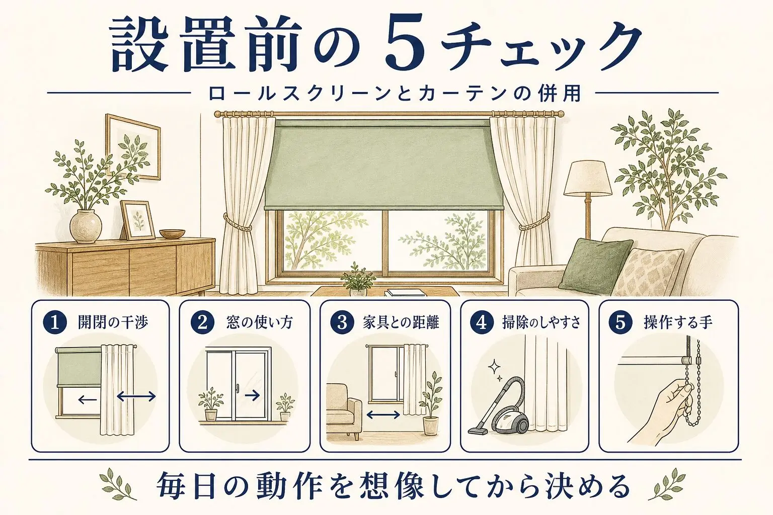 ロールスクリーンとカーテン併用の設置前チェック