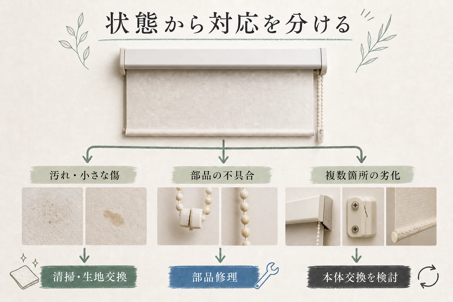 ロールスクリーンの状態から、清掃・生地交換、部品修理、本体交換を判断する図解