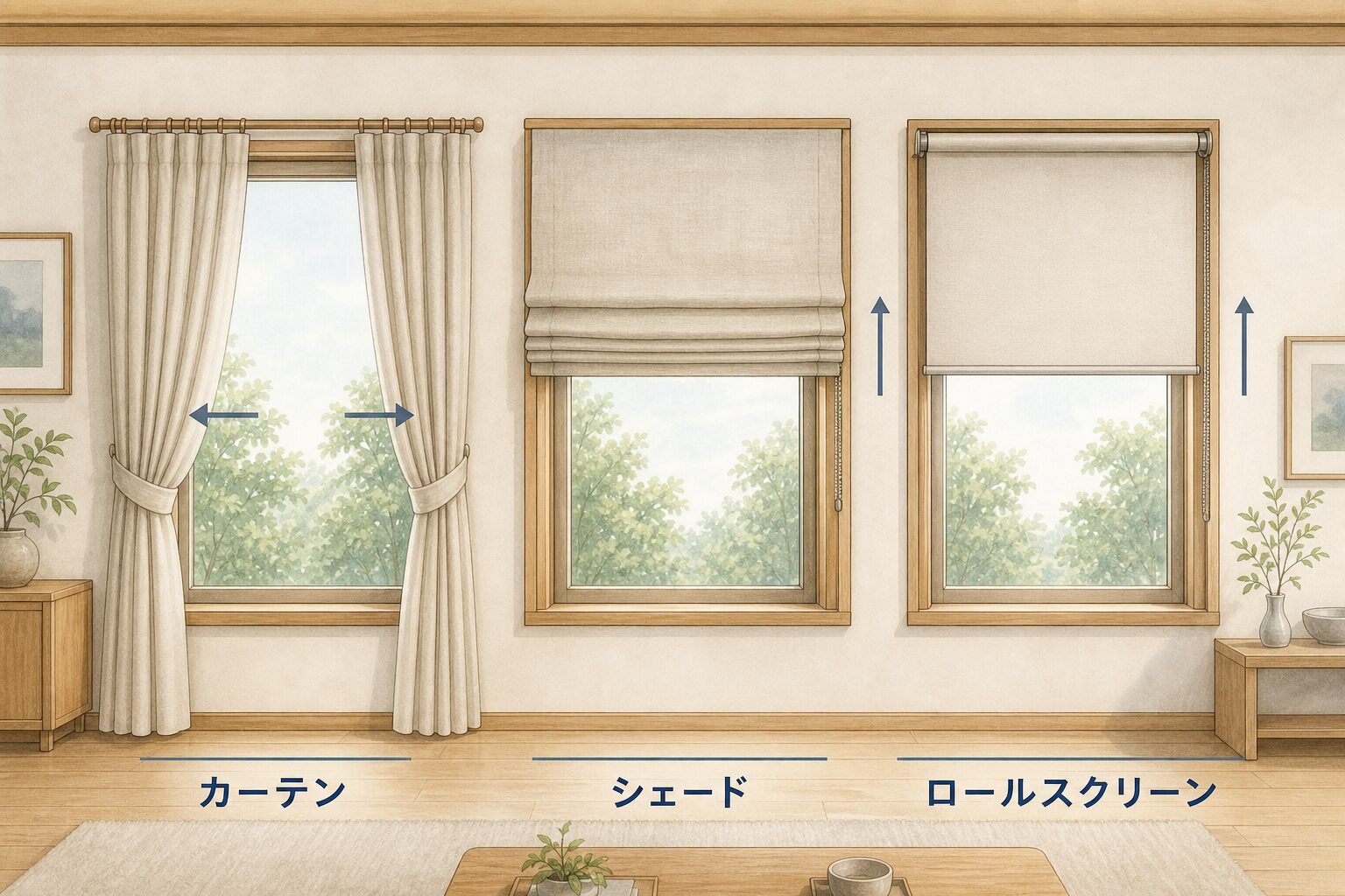 左右に開くカーテンと上へ折り上げるシェードと巻き上げるロールスクリーンを比較した図解