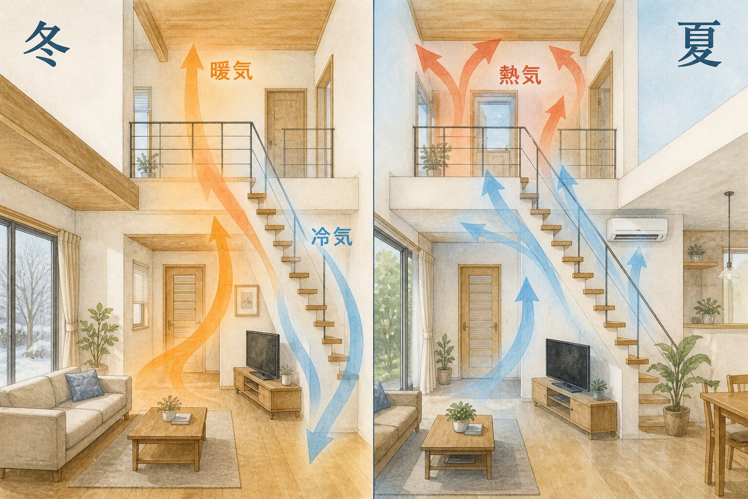 リビング階段で冬の暖気と冷気、夏の熱気と冷気が移動する方向を示した図解