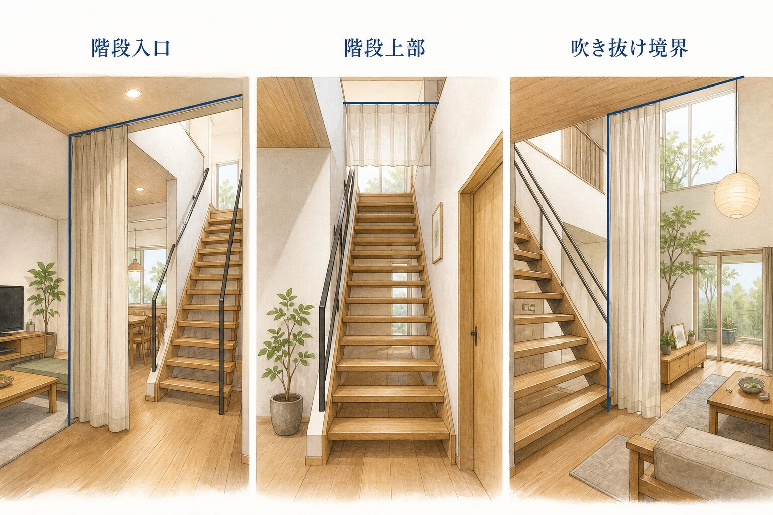階段入口・階段上部・吹き抜け境界に間仕切りを設ける位置を比較した図解