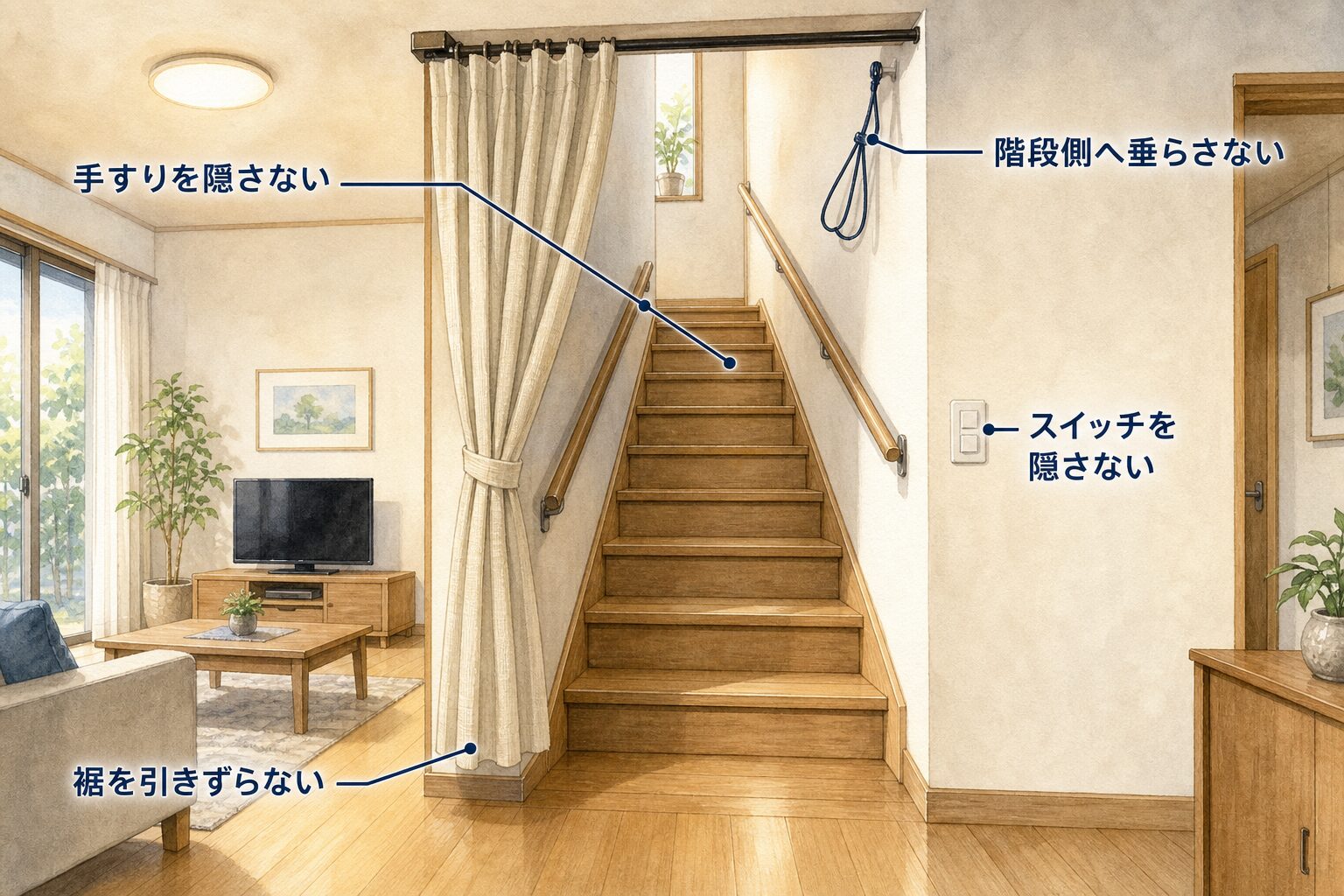 階段の間仕切りで裾・手すり・照明スイッチ・階段側への垂れを確認する図解
