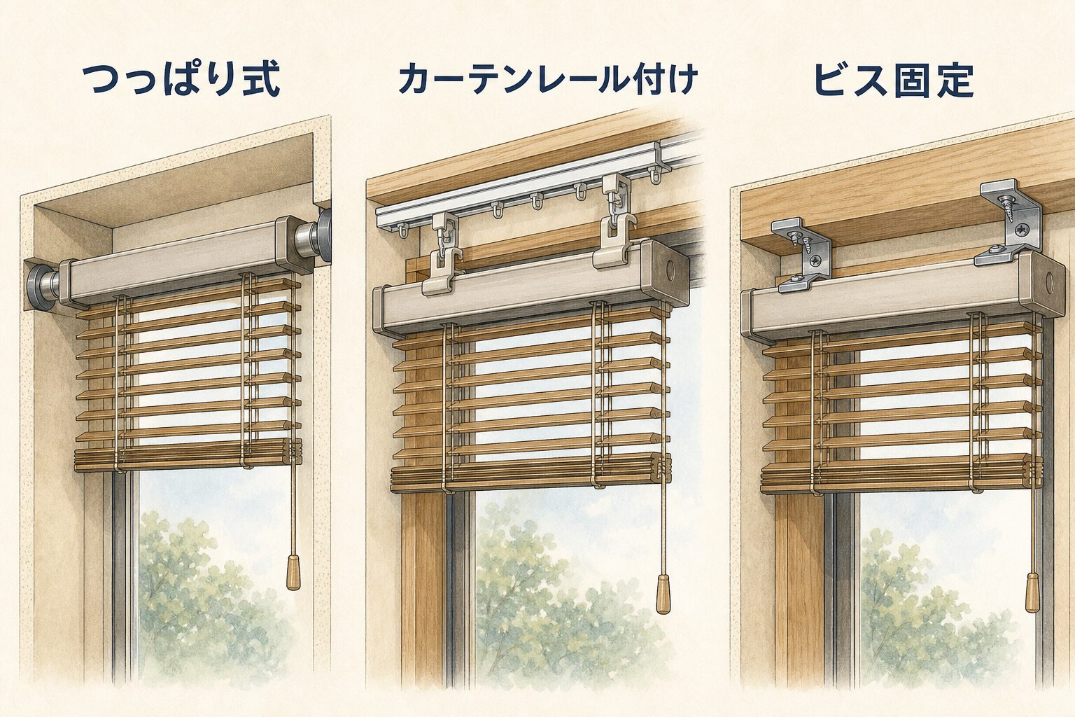 つっぱり式・カーテンレール付け・ビス固定のブラインド取付構造を比較した図解