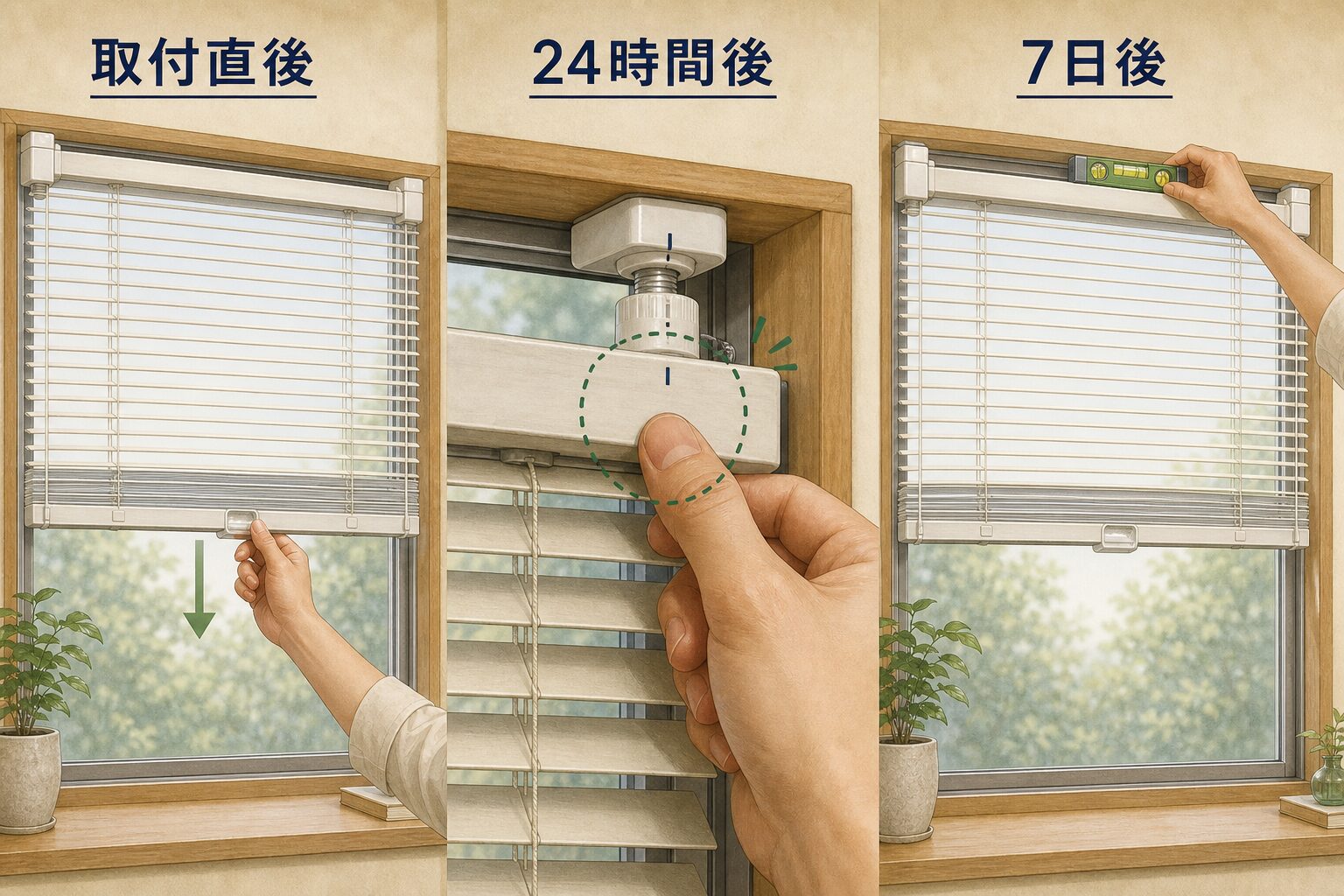 取付直後・24時間後・7日後につっぱり式ブラインドの固定と水平を点検する図解