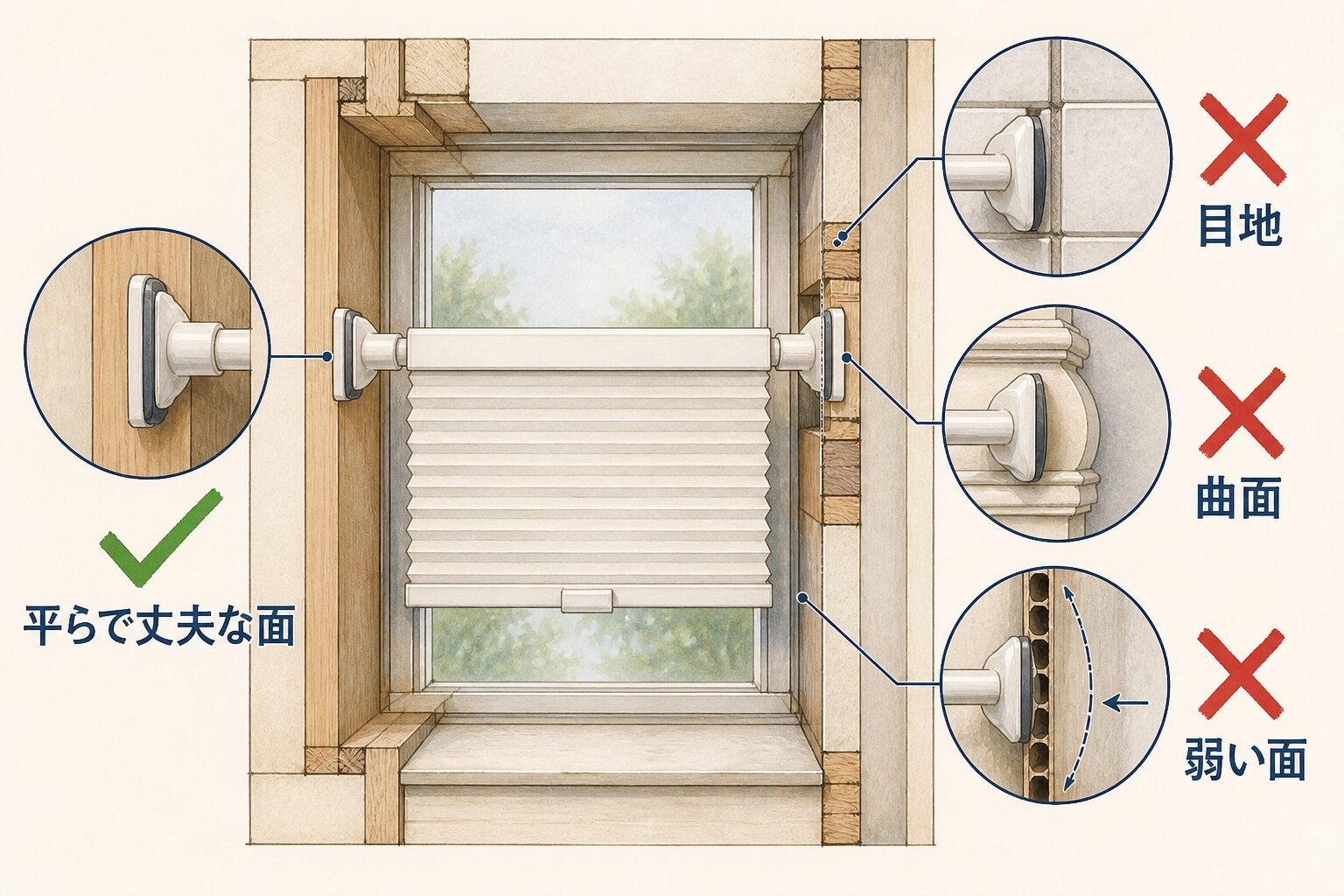 つっぱり式ブラインドに適した平らで丈夫な面と目地・曲面・弱い面を比較した図解