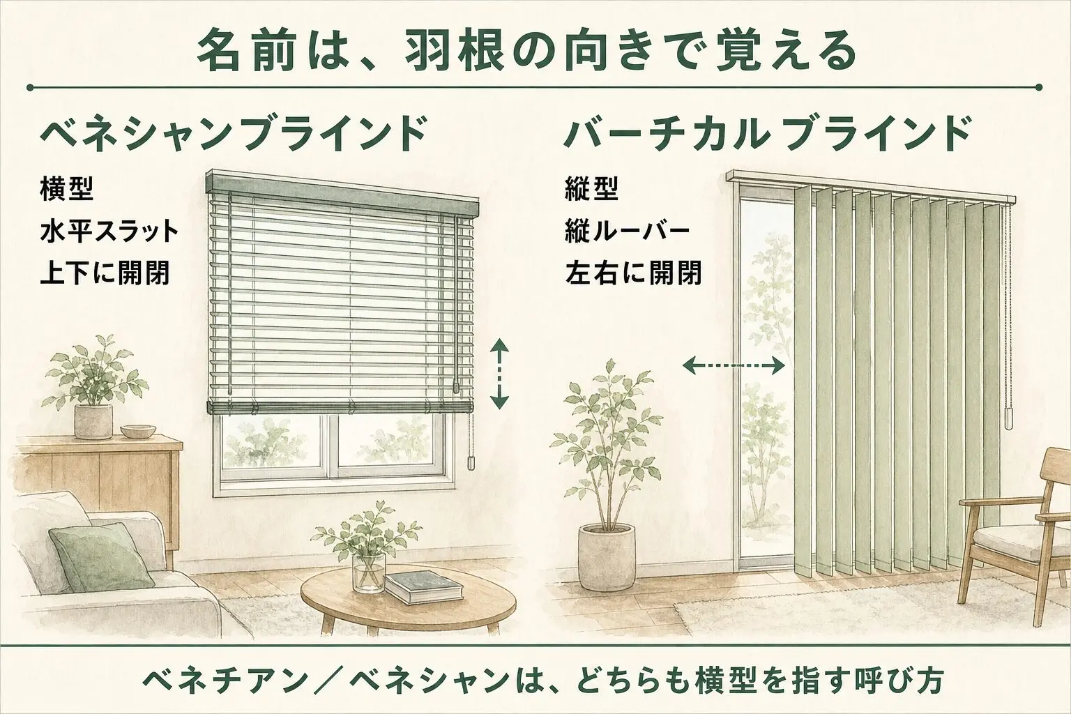 ベネシャンブラインドは横型、バーチカルブラインドは縦型で開閉方向が異なる