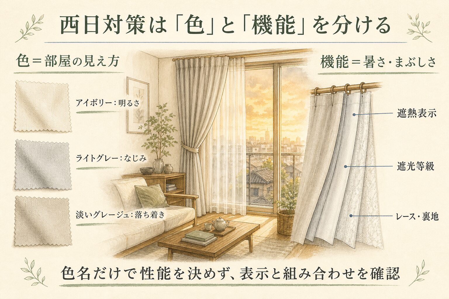 西日対策でアイボリー・ライトグレー・淡いグレージュと遮熱・遮光機能を分けて比較