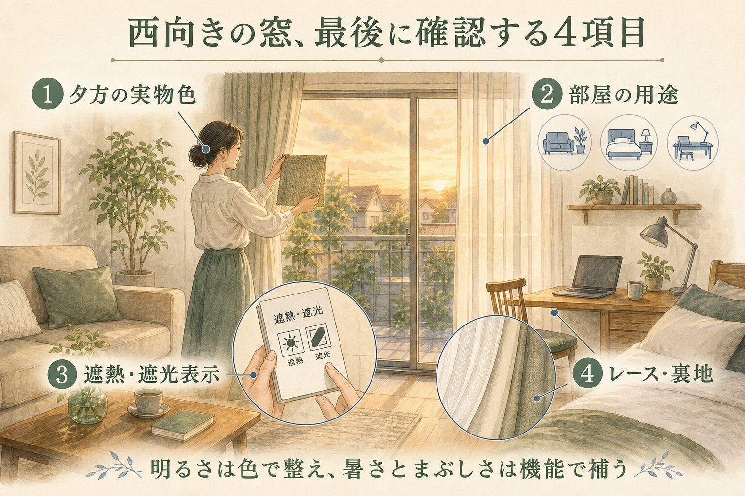 西向きの窓で夕方の実物色・部屋の用途・遮熱遮光表示・レース裏地を確認