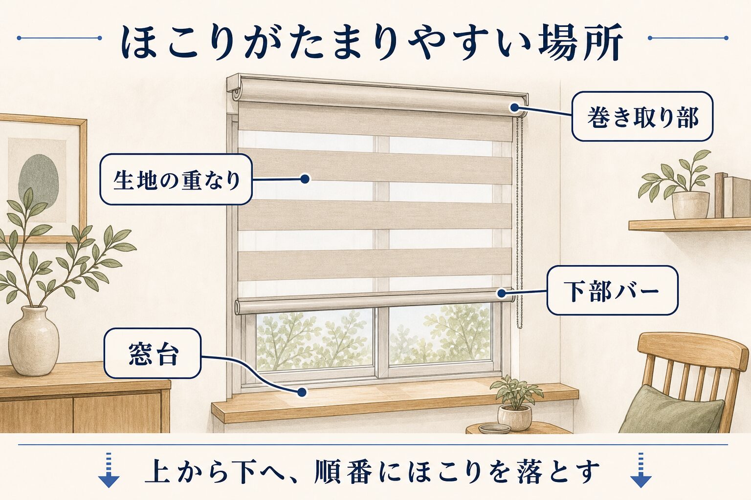 調光ロールスクリーンでほこりがたまりやすい場所