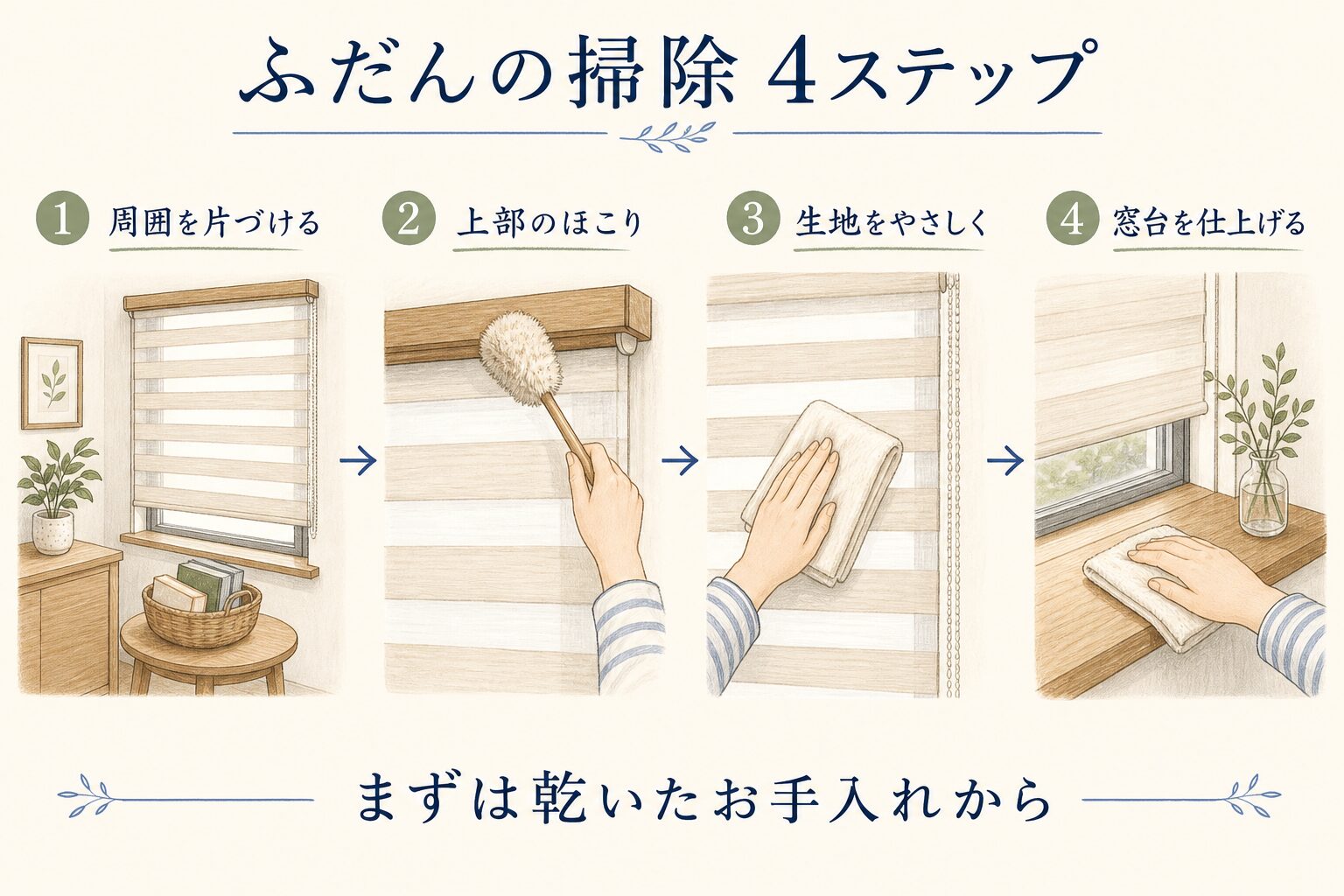 調光ロールスクリーンの日常掃除4ステップ