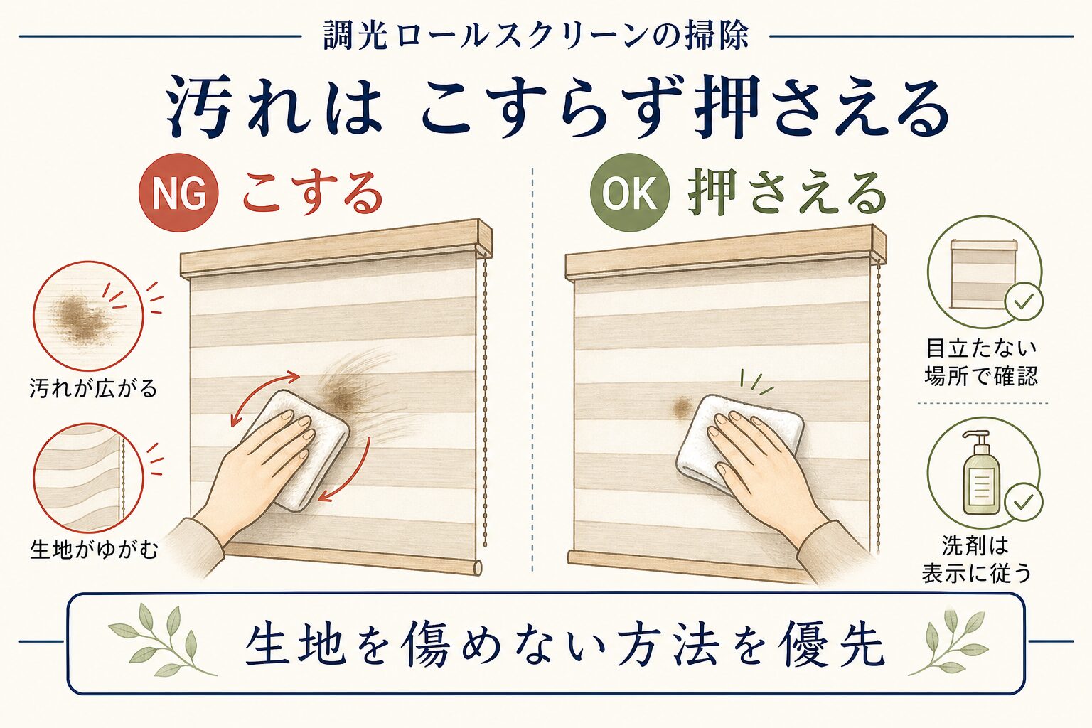 調光ロールスクリーンの汚れをこすらず押さえる方法