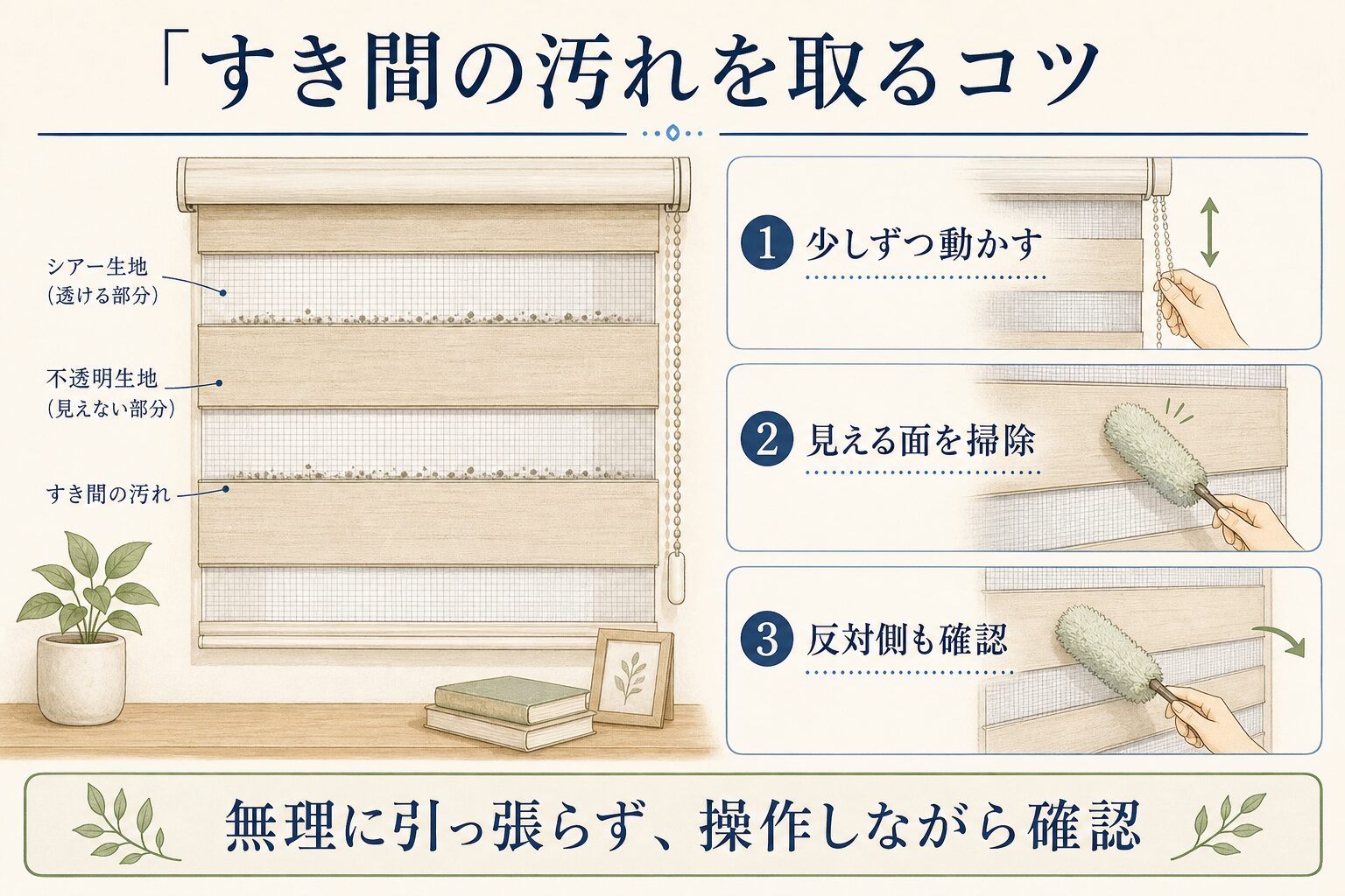 調光ロールスクリーンのすき間を掃除する手順