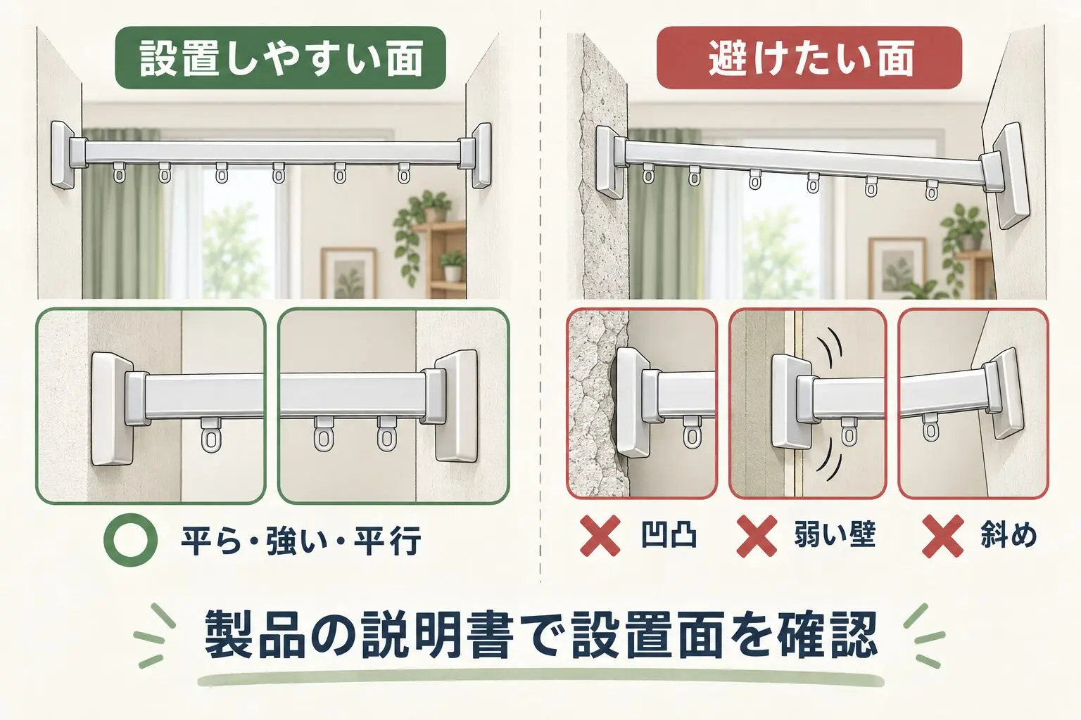 突っ張りカーテンレールを設置しやすい平らで強い平行面と、避けたい凹凸・弱い壁・斜め面の比較
