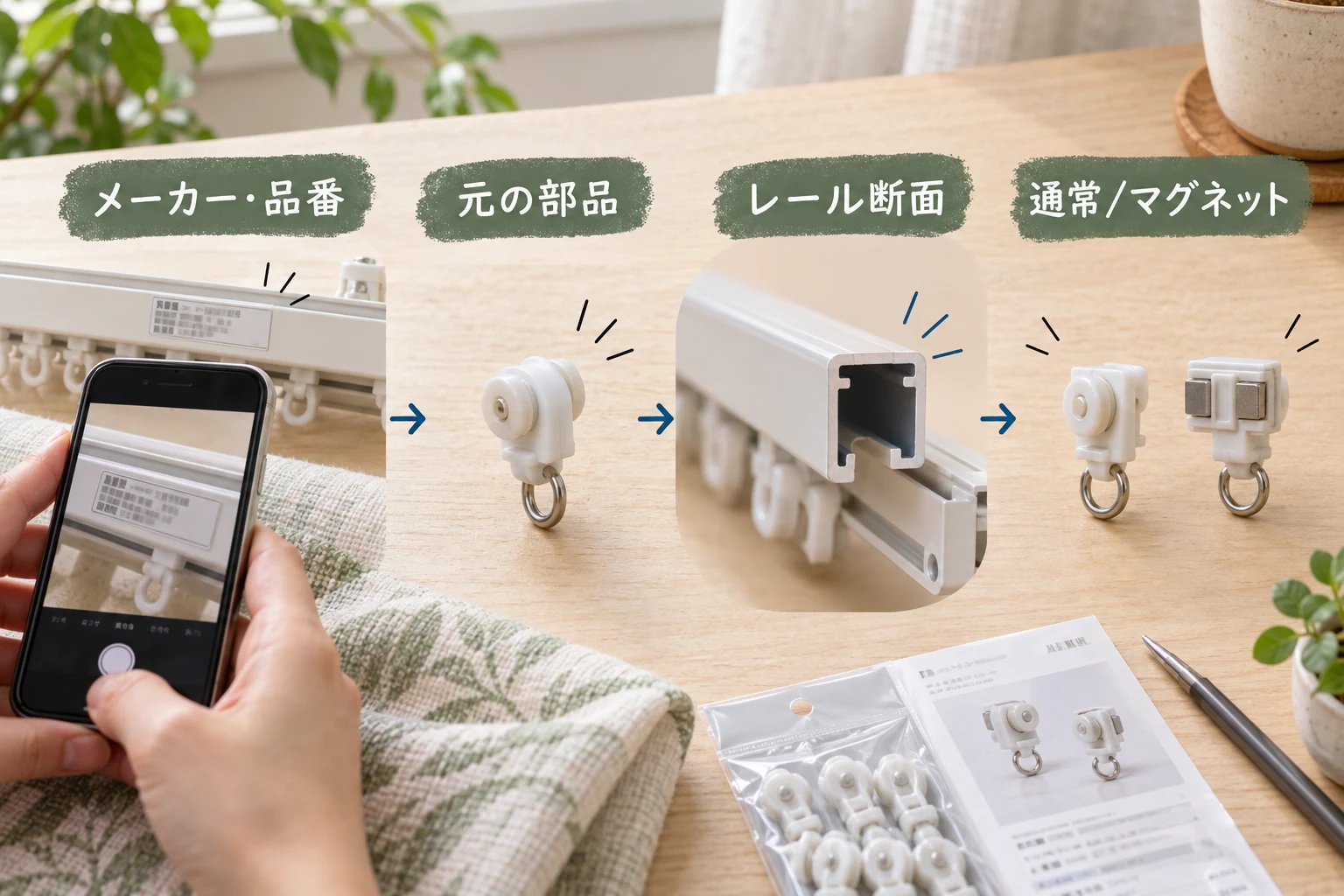メーカー品番・元の部品・レール断面・通常マグネットの4点で交換ランナーを確認する図解