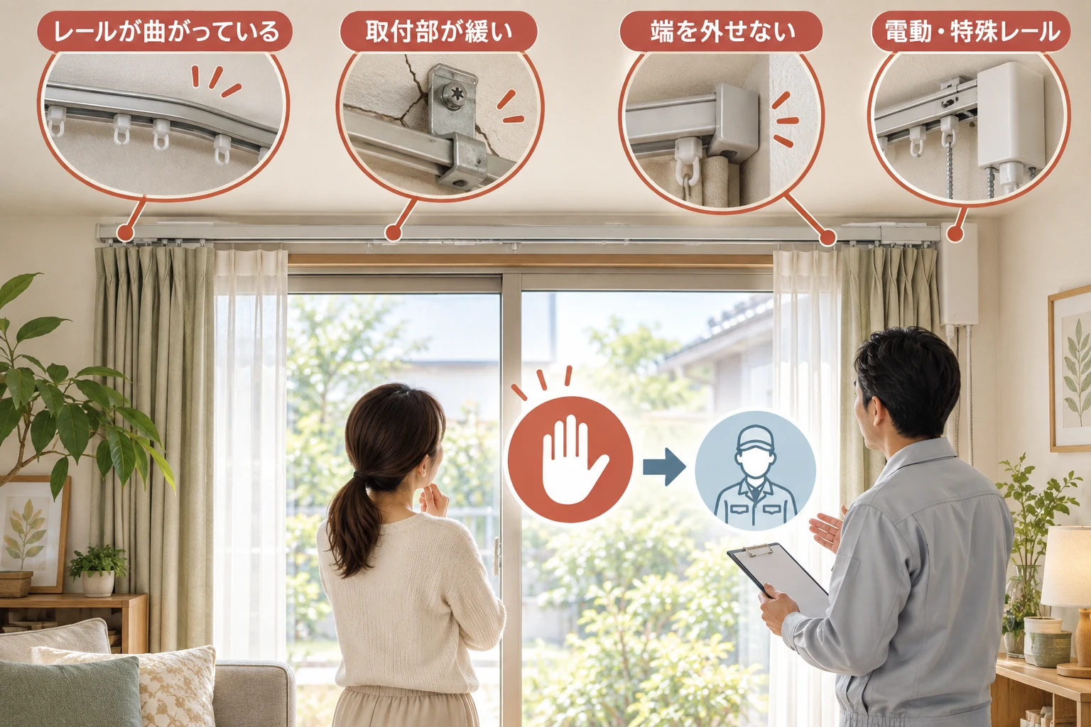 レールの曲がり・取付部の緩み・端部を外せない状態・電動特殊レールの相談条件を示す図解