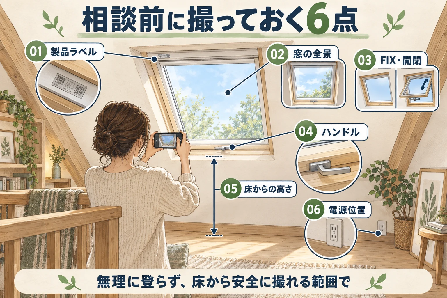 天窓の相談前に撮影する製品ラベル・窓全景・FIX開閉・ハンドル・高さ・電源位置の6点