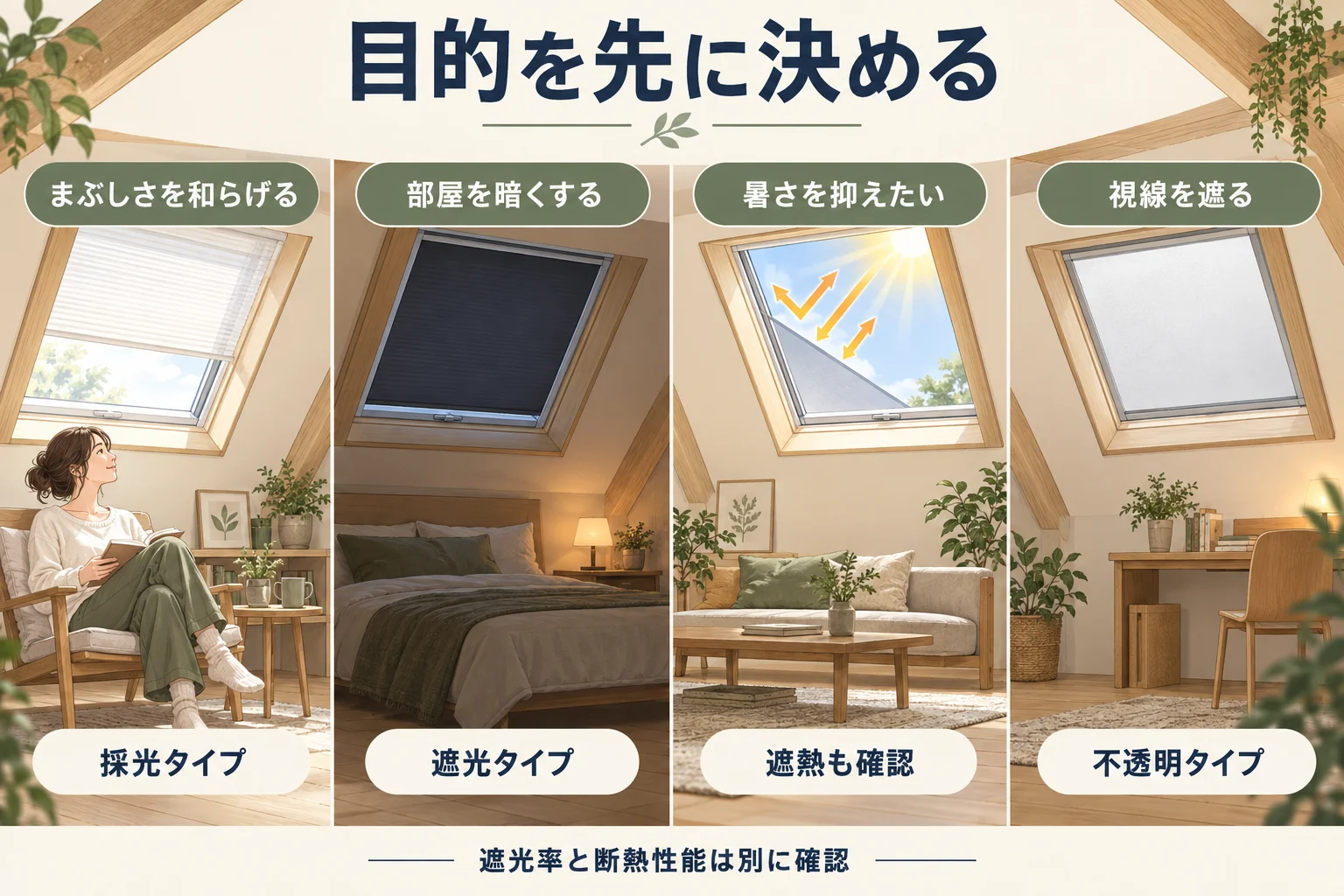 天窓のまぶしさ・遮光・暑さ・視線対策を目的別に比較した図解