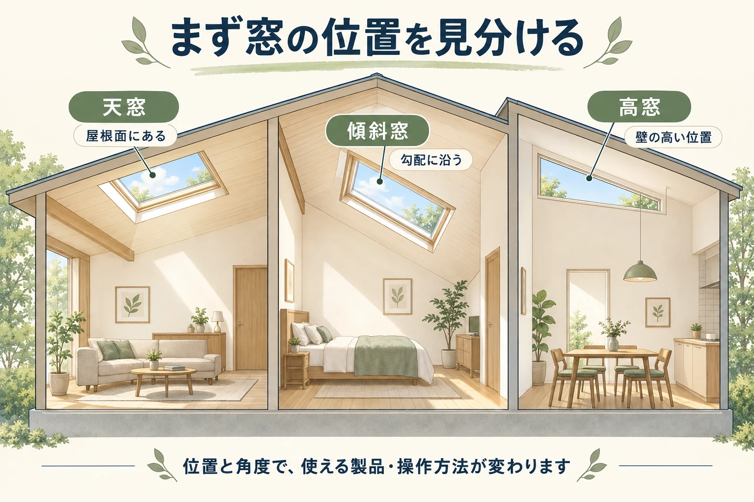 天窓・傾斜窓・高窓の位置と角度の違いを同じ住宅断面で比較した図解